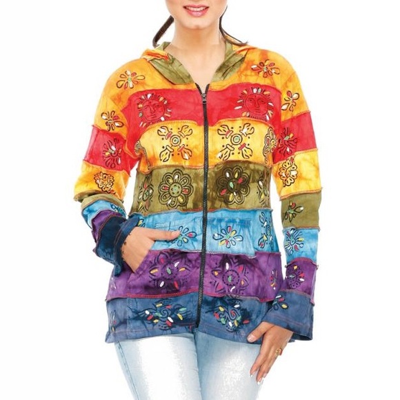 RISING INTERNATIONAL Handmade Multi Patch Cotton Hoodie Jacket. Size Small - Picture 1 of 9